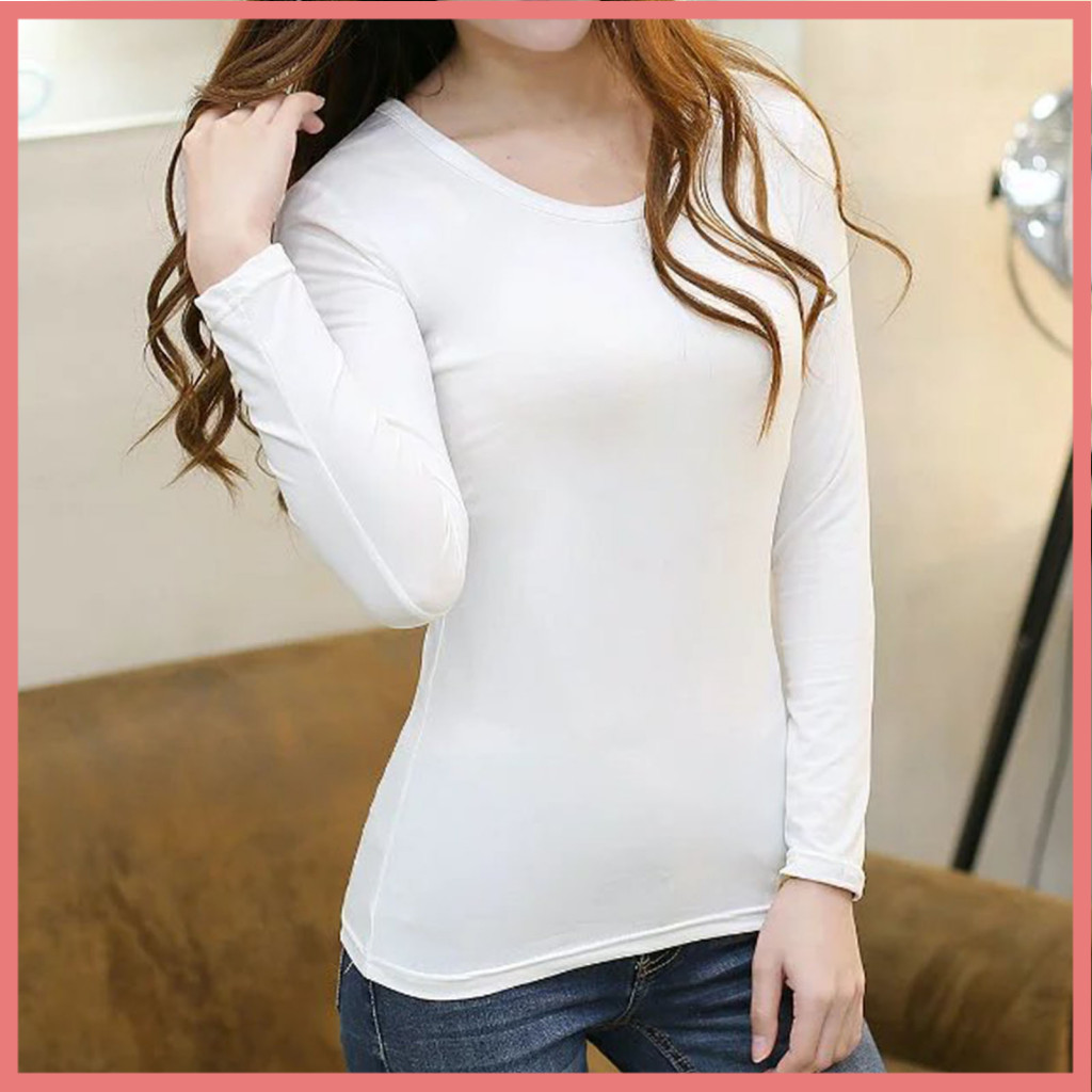 [LPA] เสื้อยืดผู้หญิงลูกเรือ/V คอ Slim Fit Pullover แขนยาวยืดอุ่นสีทึบผู้หญิงฤดูใบไม้ร่วง Basic Tee 