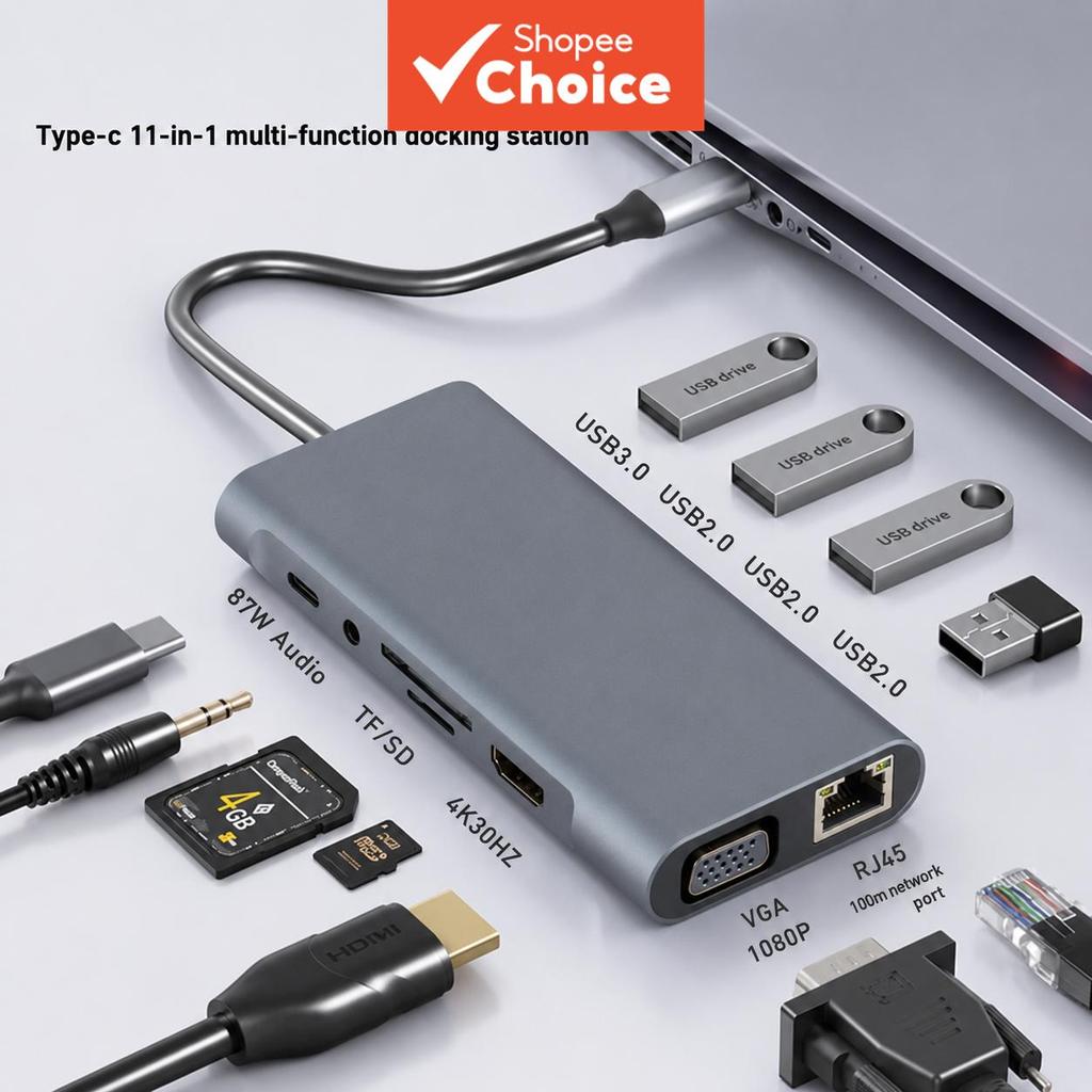 ฮับเชื่อมต่อพอร์ต Type-C แบบ 11-in-1 พร้อมเอาต์พุต HDMI 4K และ USB ขยายสัญญาณสําหรับสมาร์ทโฟน MacBook และแล็ปท็อป