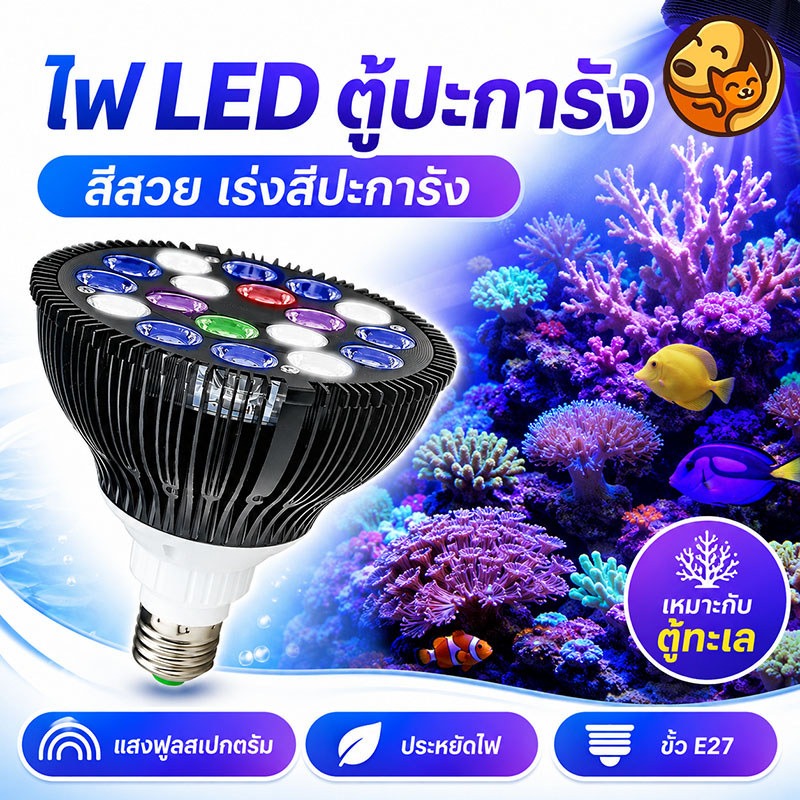 หลอดไฟ LED ปะการัง 54W ขั้ว E27 ไฟตู้ทะเล Full Spectrum เร่งสีปะการัง ระบายความร้อนดี สำหรับตู้รีฟ