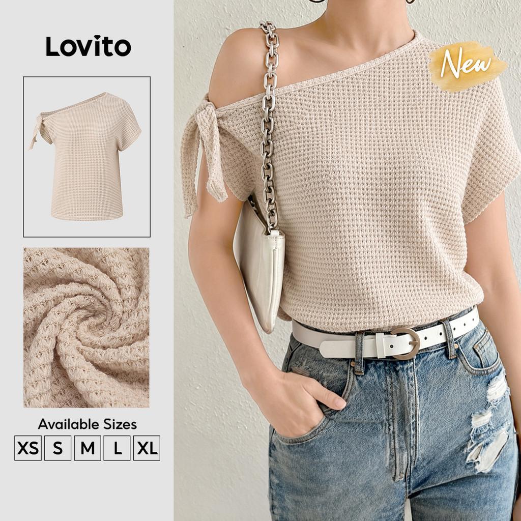 (New Arrival) Lovito เสื้อยืดลําลอง ผูกเชือก ไหล่เปิดโล่ง สําหรับผู้หญิง สีคากีอ่อน ฤดูใบไม้ผลิ/ฤดูร้อน TSB202P2D403