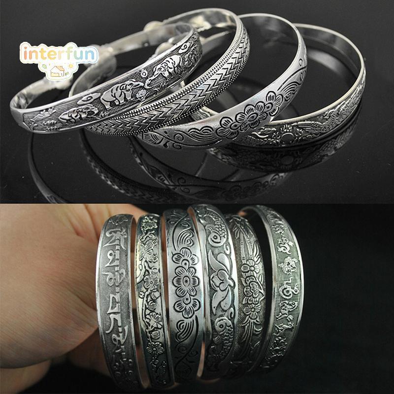 [INTER] Retro เปิดสร้อยข้อมือเครื่องประดับ Vintage Silver Totem แกะสลักกําไลข้อมือ