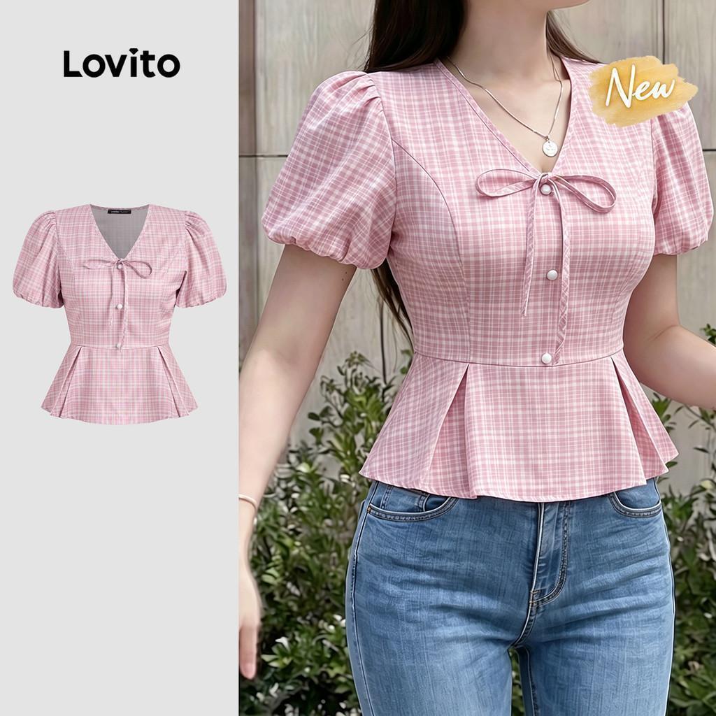 (New Arrival) Lovito เสื้อเชิ้ตผู้หญิงสีชมพู สไตล์ลําลอง ผูกโบว์ ซิป เหมาะกับฤดูใบไม้ผลิ/ฤดูร้อน BLK8P1D552