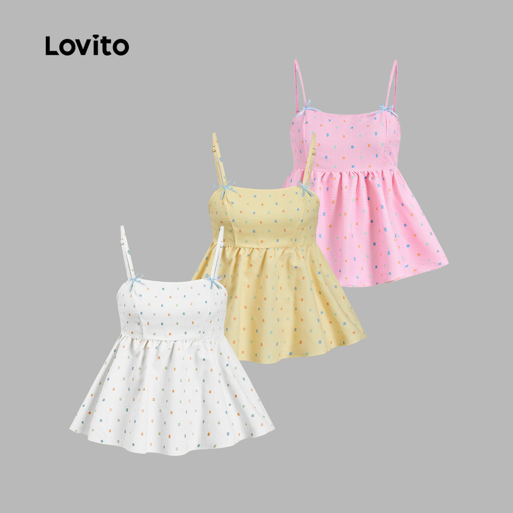 Lovito วันหยุด เสื้อสายเดี่ยว ประดับโบว์ แบบผูกเชือก ลายจุด สไตล์น่ารัก สำหรับผู้หญิง เกาหลี อินเทรนด์ L117AD0297