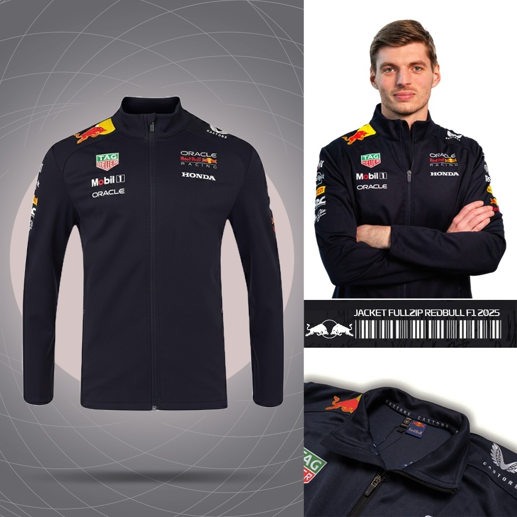 Redbull F1 2025 เสื้อแจ็คเก็ต เสื้อแจ็คเก็ตแข่งซิปเต็ม Castore Red Bull Formula One
