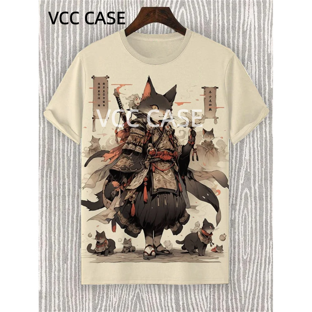 [Local Stock] VCC รูปแบบแมวญี่ปุ่นเสื้อยืดสําหรับชายนักรบสัตว์  พิมพ์ TEE เสื้อฤดูร้อนสบายๆ O-คอสั้น