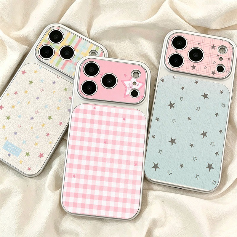 สีชมพูลายสก๊อตดาวแฟชั่น Checkered เคสโทรศัพท์สําหรับ iPhone 17 16 15 14 13 12 11 Pro Max Plus หน้าต่างขนาดใหญ่หนังเนื้อ TPU กันกระแทกฝาครอบป้องกัน