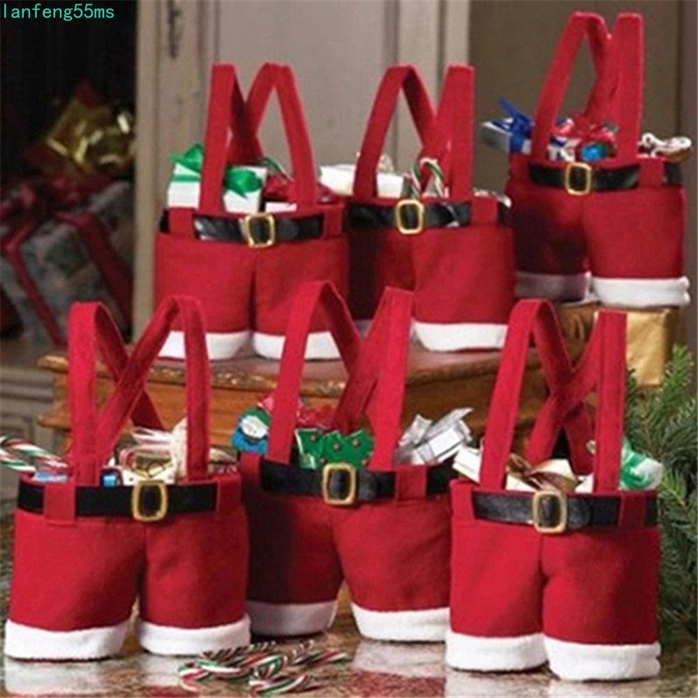 LANFENG Santa Pants สีแดงของขวัญเด็กน่ารักตกแต่งคริสต์มาส Merry Christmas ถุงเท้ารักษากระเป๋าถุงของข