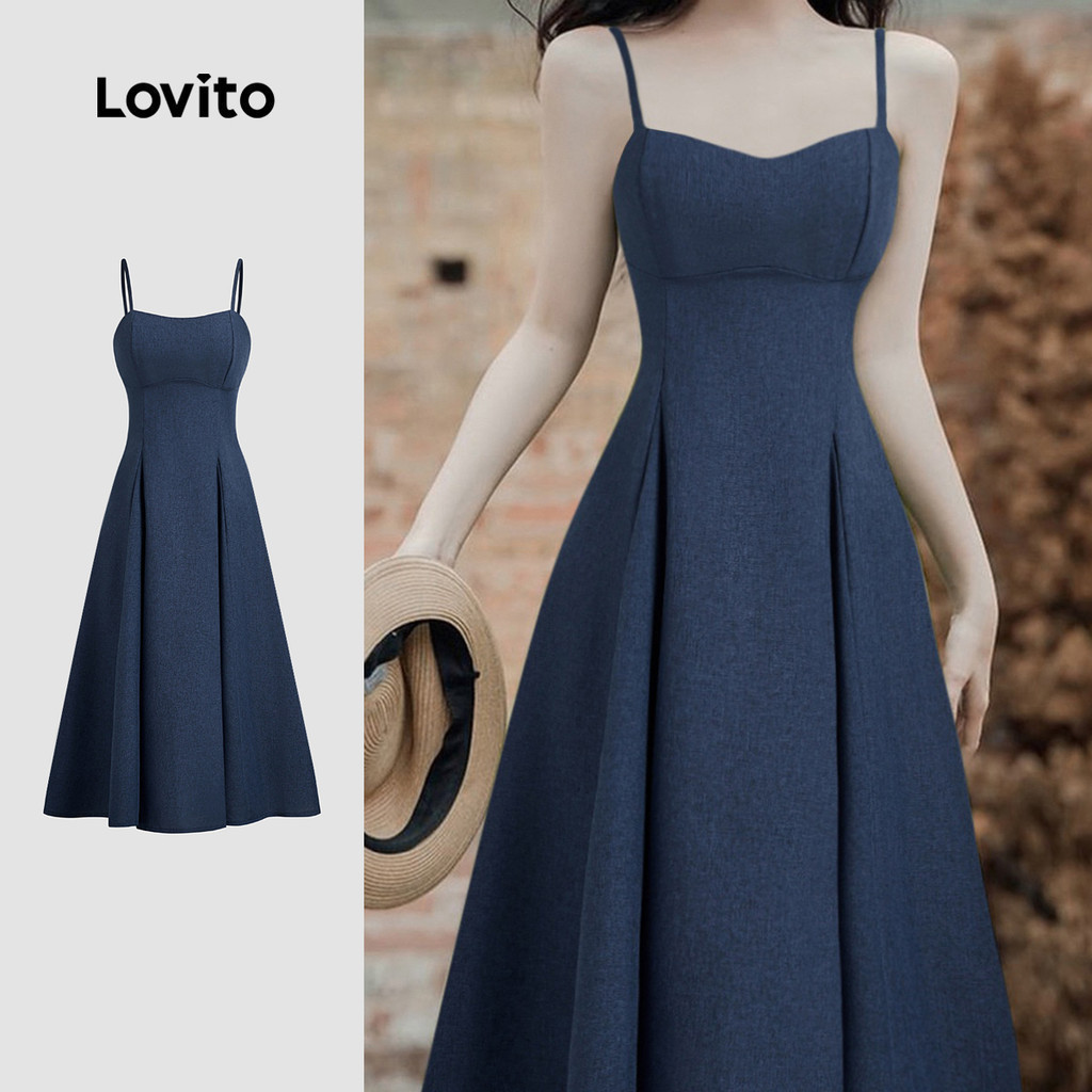 Lovito สง่างาม โครงสร้างชุด สายปรับได้ แขนเสื้อเปิดไหล่ ชุดเดรสสีฟ้า สำหรับฤดูใบไม้ผลิ/ฤดูร้อน เดรสเที่ยวเขา L142ED599