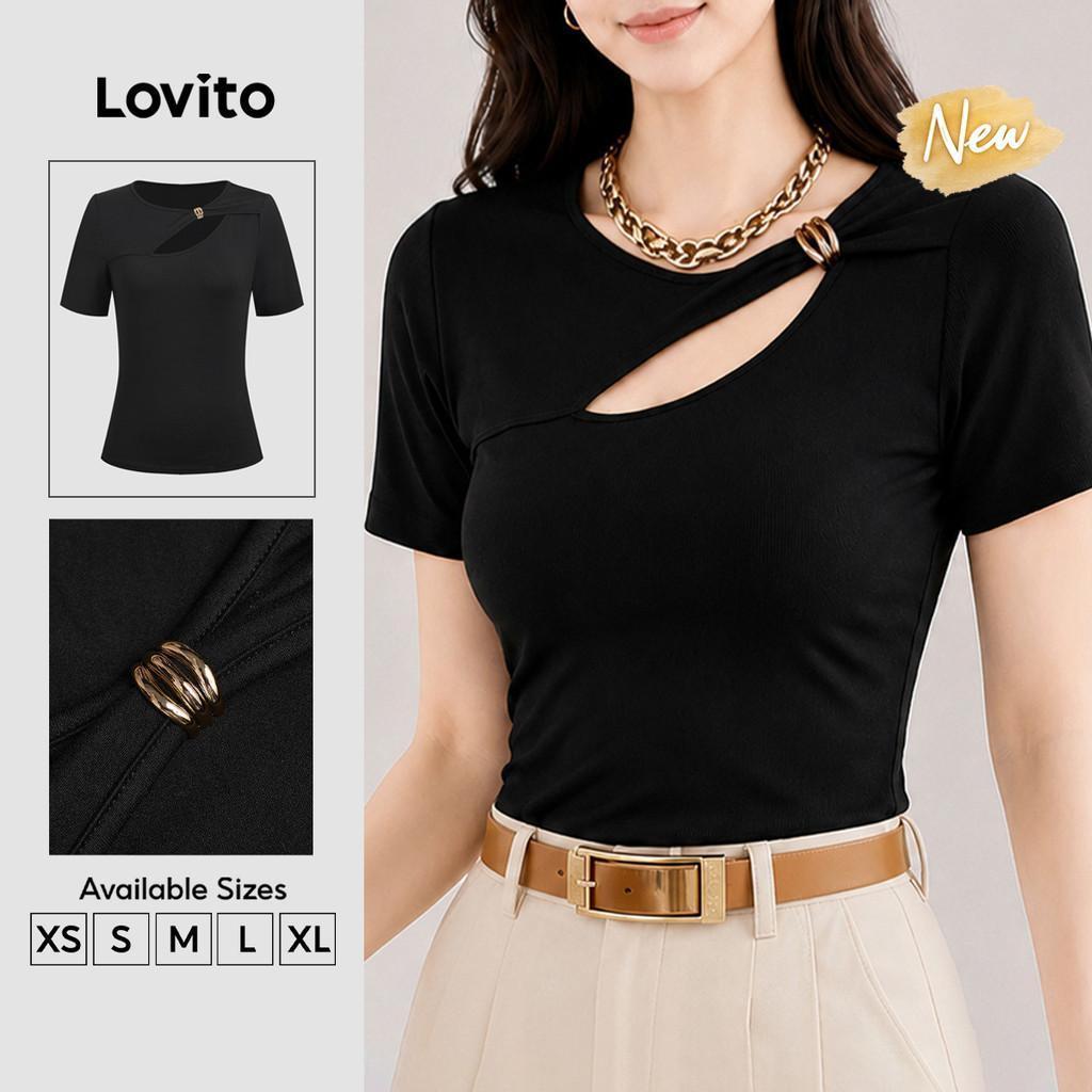 (New Arrival) Lovito เสื้อยืดลําลองผู้หญิง แขนสั้น สีดํา ตัดขาดไม่สมมาตร สําหรับฤดูใบไม้ผลิ/ฤดูร้อน TSB202P2D167