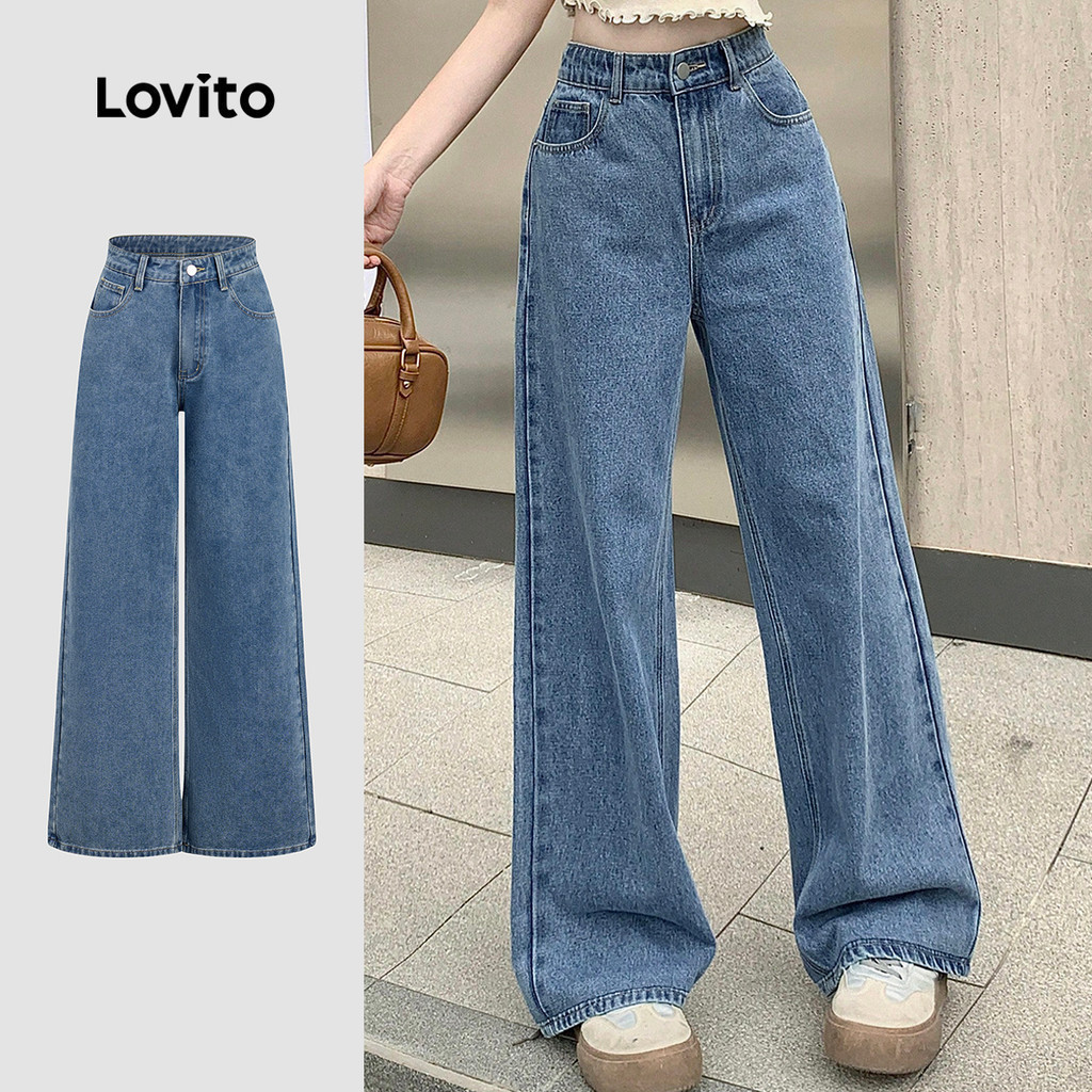Lovito กางเกงยีนส์ลําลองสําหรับผู้หญิง สีฟ้าฤดูใบไม้ผลิ/ฤดูร้อนแบบล้างกระเป๋า L164ED322