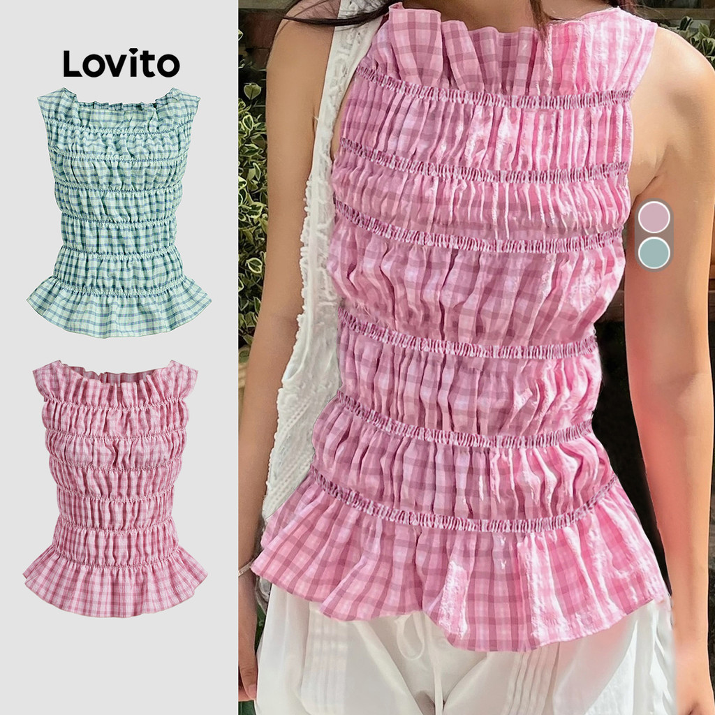 Lovito วันหยุด เสื้อกล้ามลายสก็อตน่ารักสำหรับผู้หญิง สำหรับฤดูร้อน/ฤดูใบไม้ผลิ เกาหลี อินเทรนด์ L125