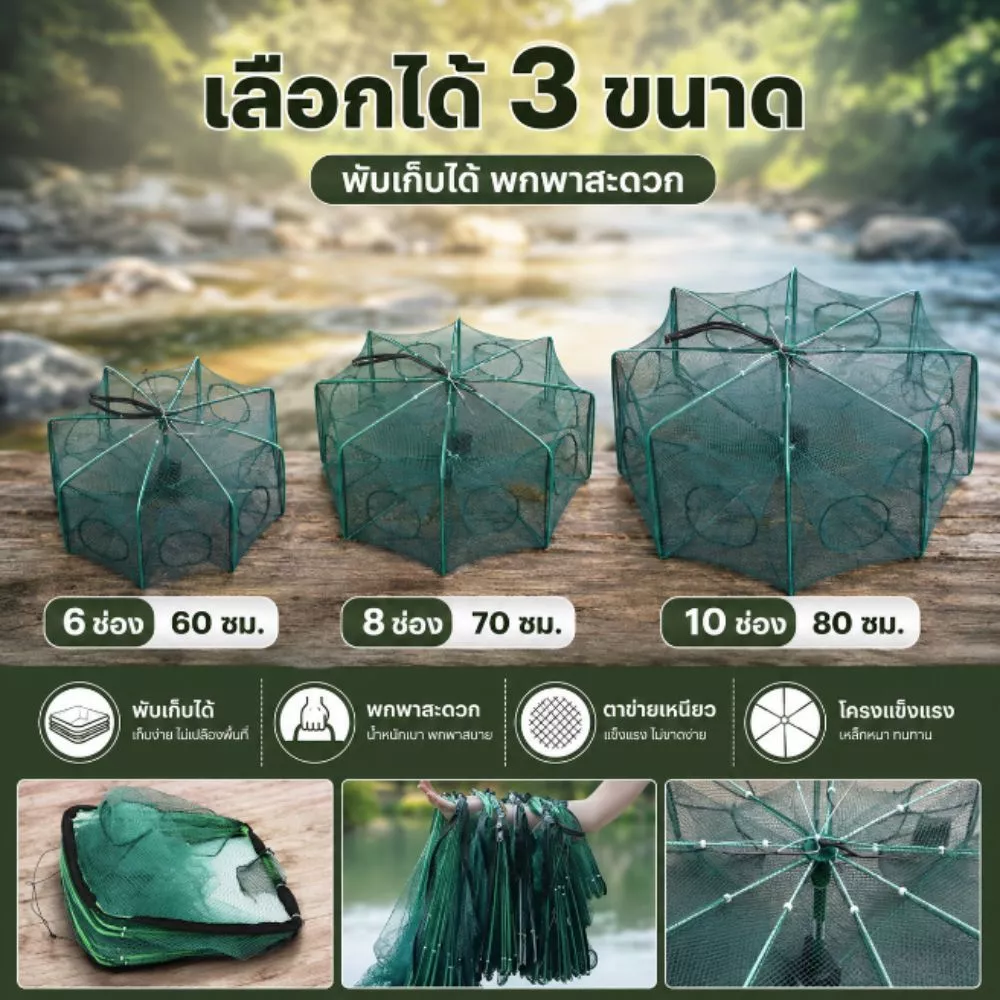 ตาข่ายดัก ปู ปลา กุ้ง แบบ6ช่อง แบบ8ช่อง แบบ10ช่อง หลุมตกปลา หกเหลี่ยม พับเก็บได้ พกพาสะดวก G0150 thumbnail 6