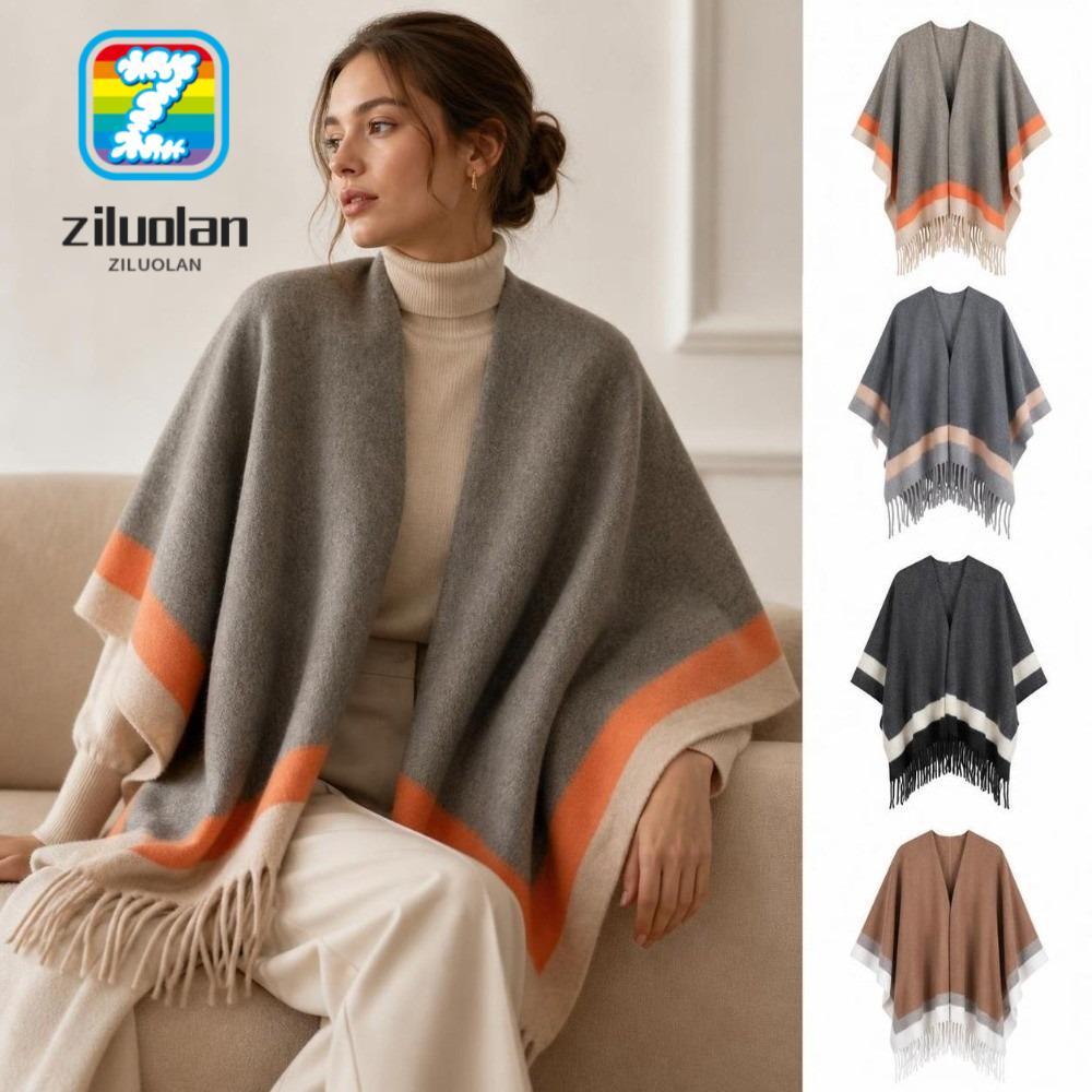 ZILUOLAN เปิดด้านหน้า Cape Shawl, Warm ขนาดใหญ่ลาย Border Poncho, แฟชั่นนุ่มสบาย Fringed Edge พู่ Po