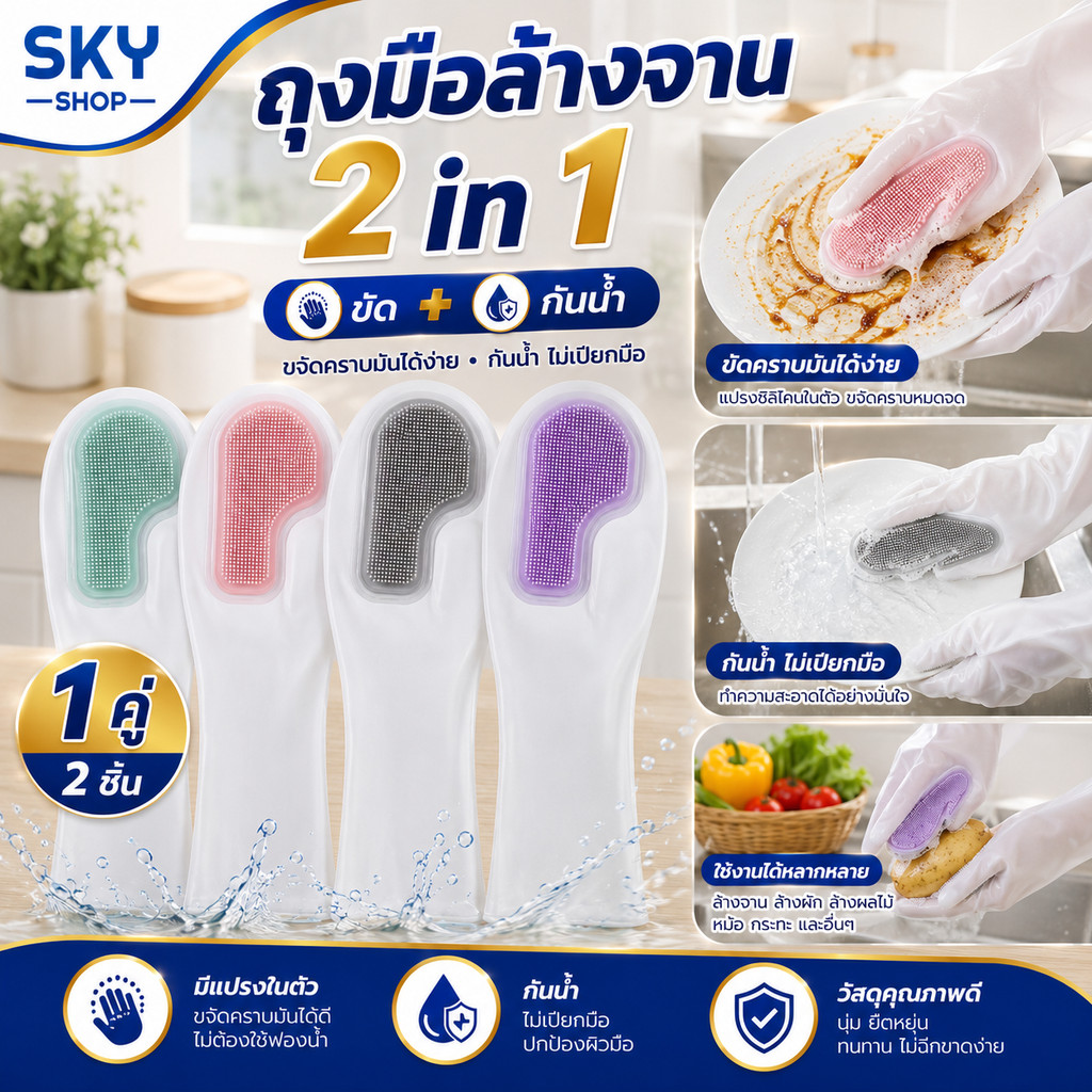 SKY ถุงมือล้างจาน ถุงมือยาง 1 คู่ 2 ชิ้น มีขนแปรงในตัว ถุงมือทำความสะอาด ถุงมือ เหนียวและทนทาน ซิลิโคนหนา