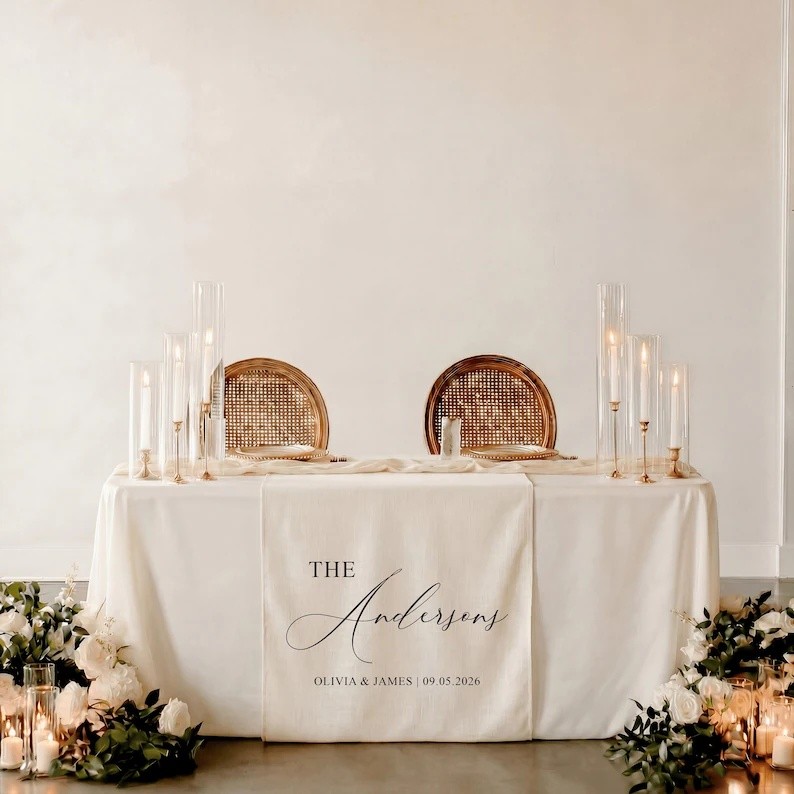 Wedding Table Runner Linen  Personalized Custom Banner  Name Decor Sweetheart Reception  Elegant Fab