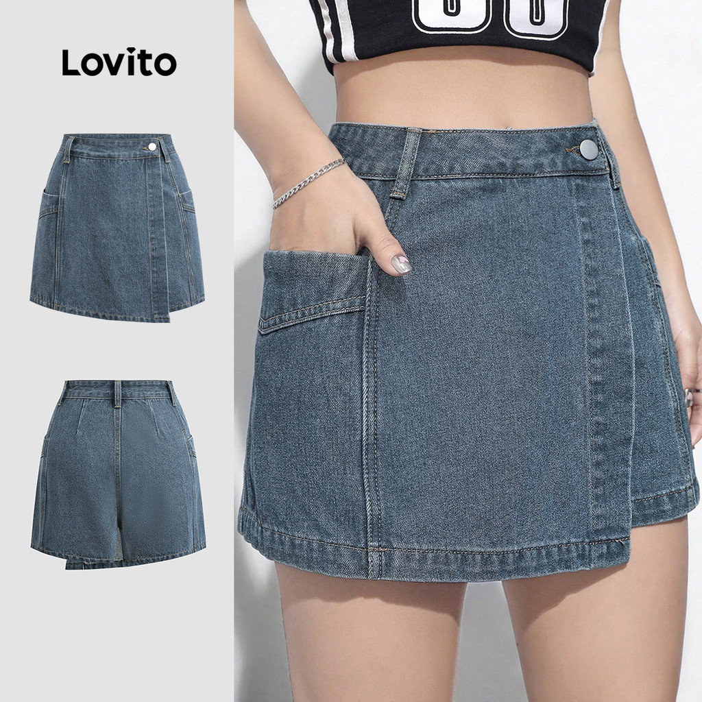 Lovito แคชชวล กางเกงขาสั้นยีนส์แบบสบาย ๆ พร้อมกระเป๋าห่อ ล้างแล้ว สีฟ้าฤดูใบไม้ผลิ/ฤดูร้อน L142ED447