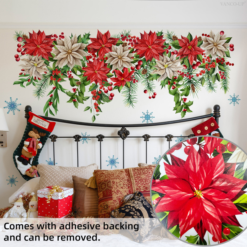 คริสต์มาส Holly Flowers & Snow Design Self-Adhesive Wall Stickers Beautifying Decals สําหรับเทศกาลตก
