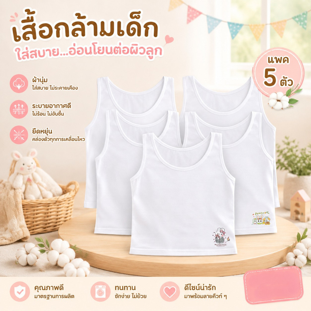 เสื้อกล้ามเด็กผู้หญิงสีขาว(เเพค 5ตัว)เนื้อผ้า นิ่ม ซับเหงื่อแห้งง่าย ระบายอากาศได้ดี
