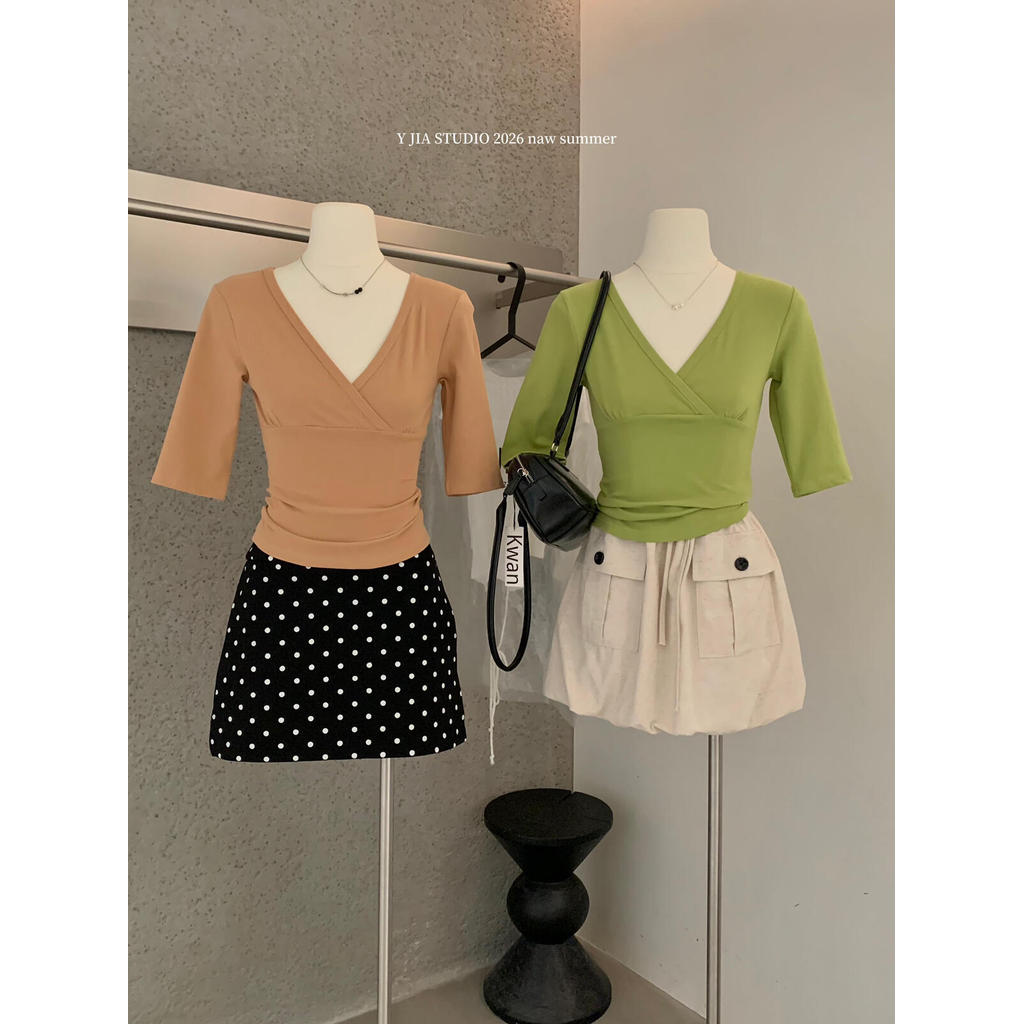 Y.JIA Iga-Adjustment · Slim-fit Classy V คอ Casual All-Match เสื้อยืดแขนสั้นเอวแคบแขนสั้น T @