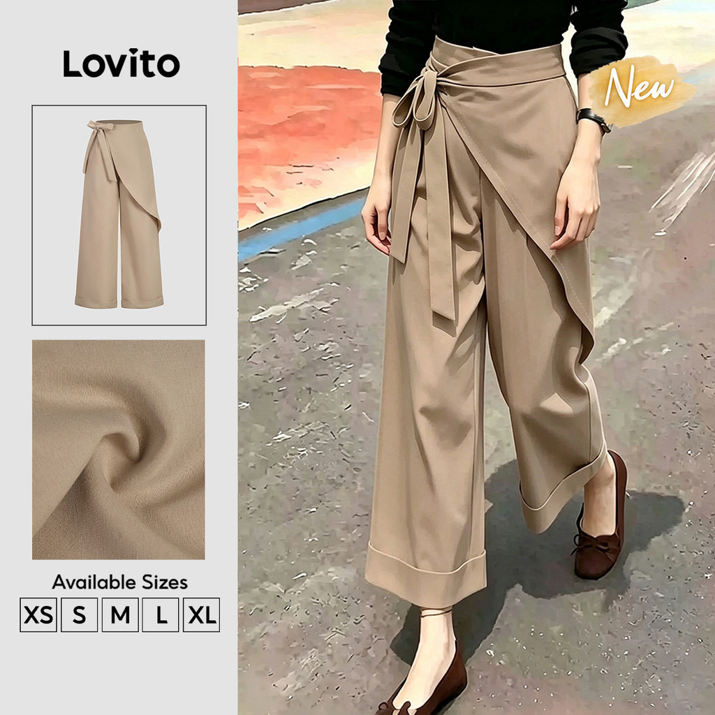 (New Arrival) Lovito กางเกงสีกากีดีไซน์ไม่สมมาตร มีสายรัด เหมาะสําหรับฤดูใบไม้ผลิและฤดูร้อน ใส่ไปทํา