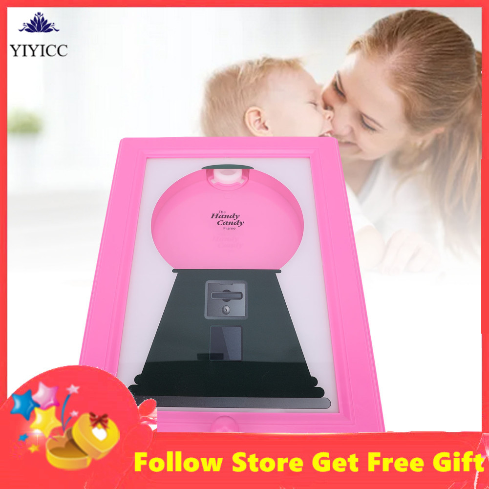 Yiyicc Yiyicc Handy Candy Frame Gumball Machine ในเครื่องจ่ายแบบติดผนังรูปภาพสีชมพู