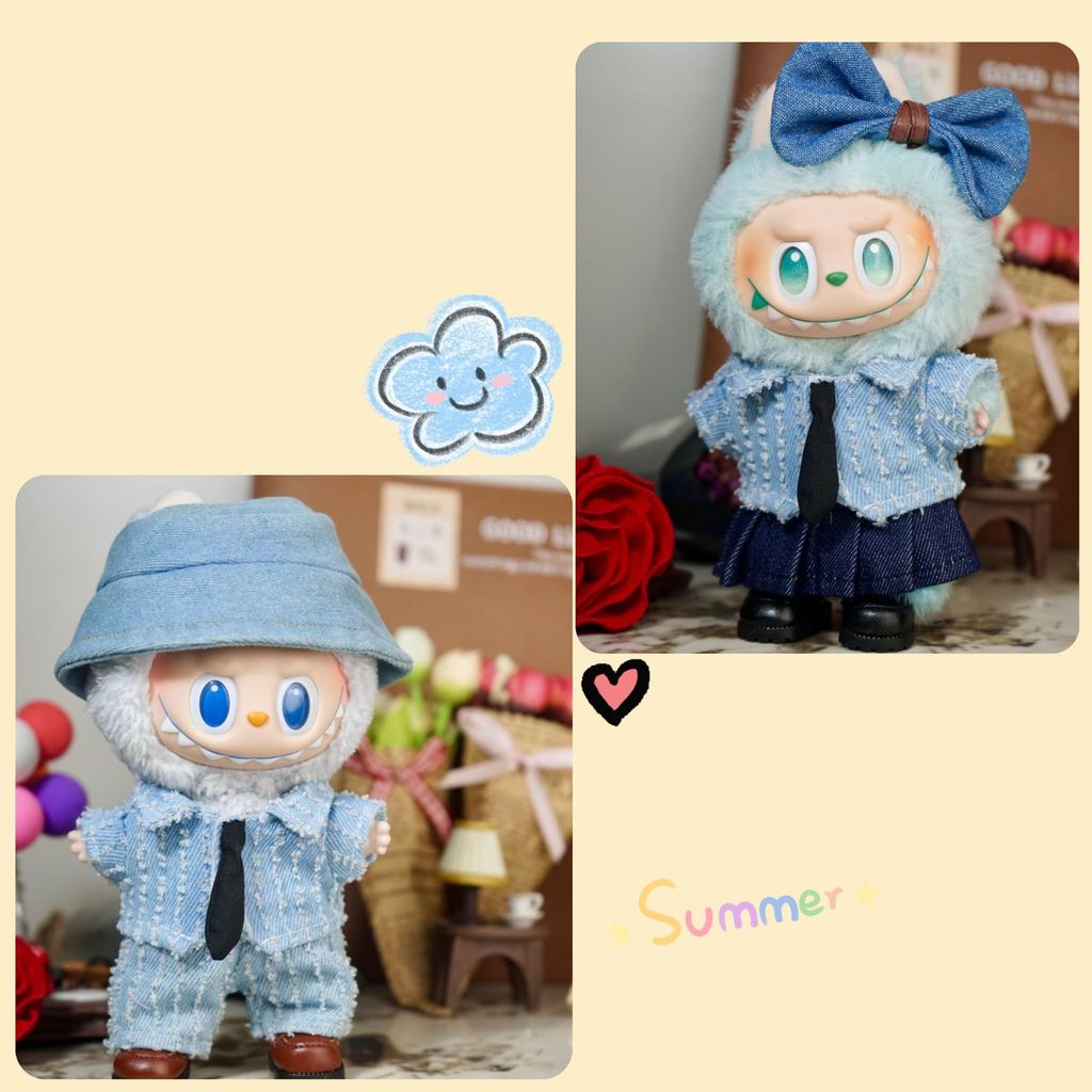 Labubu Couple Wear 17cm Labubu Clothes Sweet Heart Denim Couple Suit Doll Trend Play Baby Clothes