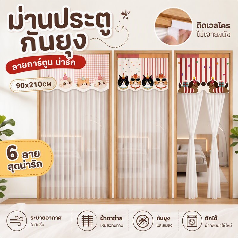 COD ม่านประตู ม่านประตูกันยุง 90x210CM ผ้าตาข่าย ลายการ์ตูน ติดเวลโคร ไม่เจาะผนัง ระบายอากาศ สำหรับห้องนอน