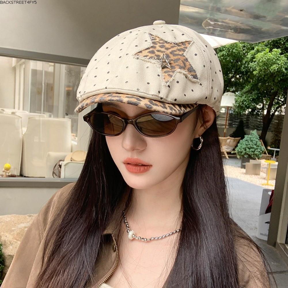 BACKSTAGERET4FC3 Newsboy Cap, Star Rivet Adjustable Denim Beret Hat, Soft Leopard Polka Dot Forward 