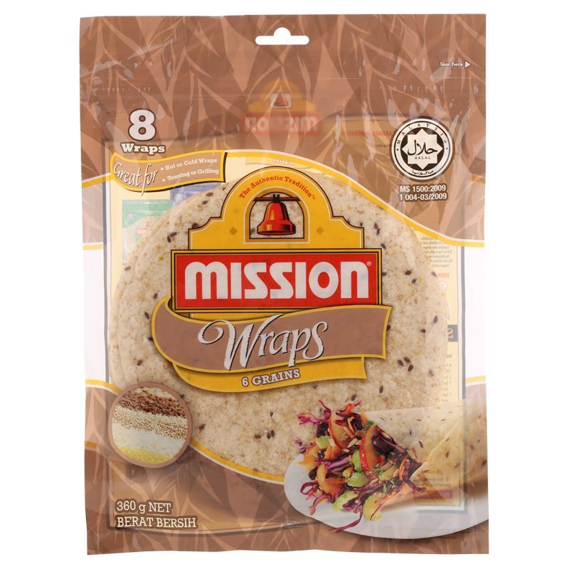 มิชชั่นแผ่นแป้งสาลีสำเร็จรูปผสมธัญพืช6ชนิด 360กรัม Mission Wraps 6 Grains 360g.