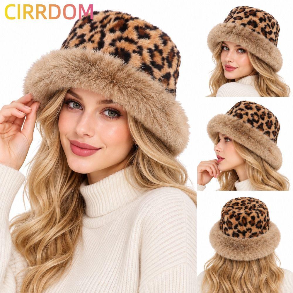 CIRRDOM Fur Bucket Hat, Cold Windproof Soft Fuzzy Winter Hat, Wide Brim Leopard Print Warm Mongolian