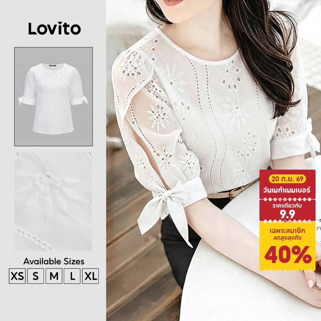 Lovito เสื้อเบลาส์โบโฮผ้าลูกไม้สีขาวสําหรับผู้หญิง แบบพลีเคท ผูกเชือก สไตล์สปริง/ซัมเมอร์ BLK8P1D394