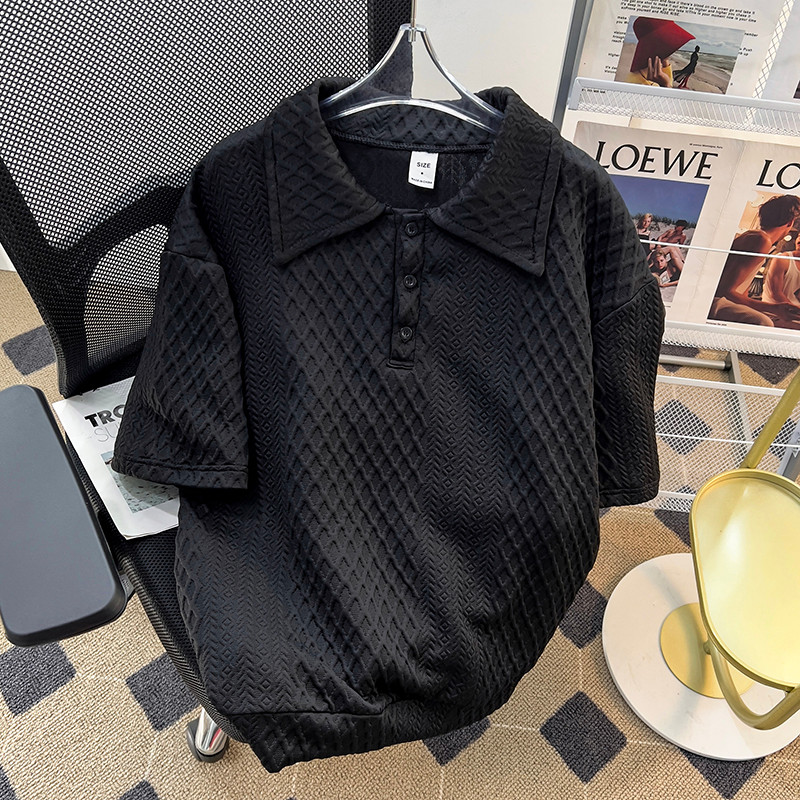 เสื้อยืดแขนสั้นสไตล์ street wear สำหรับผู้ชาย ออกแบบ waffle lapel ทรงหลวม