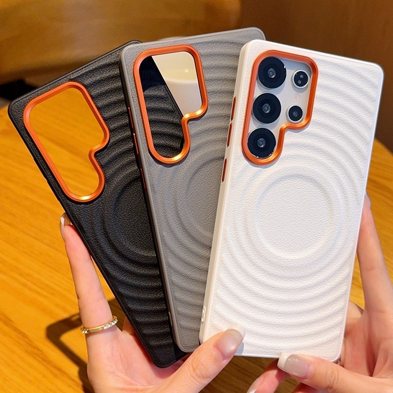 สําหรับ Samsung Galaxy S25 S24 Ultra, S25 Plus กรณี ELVEV Ripple รูปแบบ PU หนัง Hard PC ดูดฝาครอบโทรศัพท์สําหรับ S25 Edge