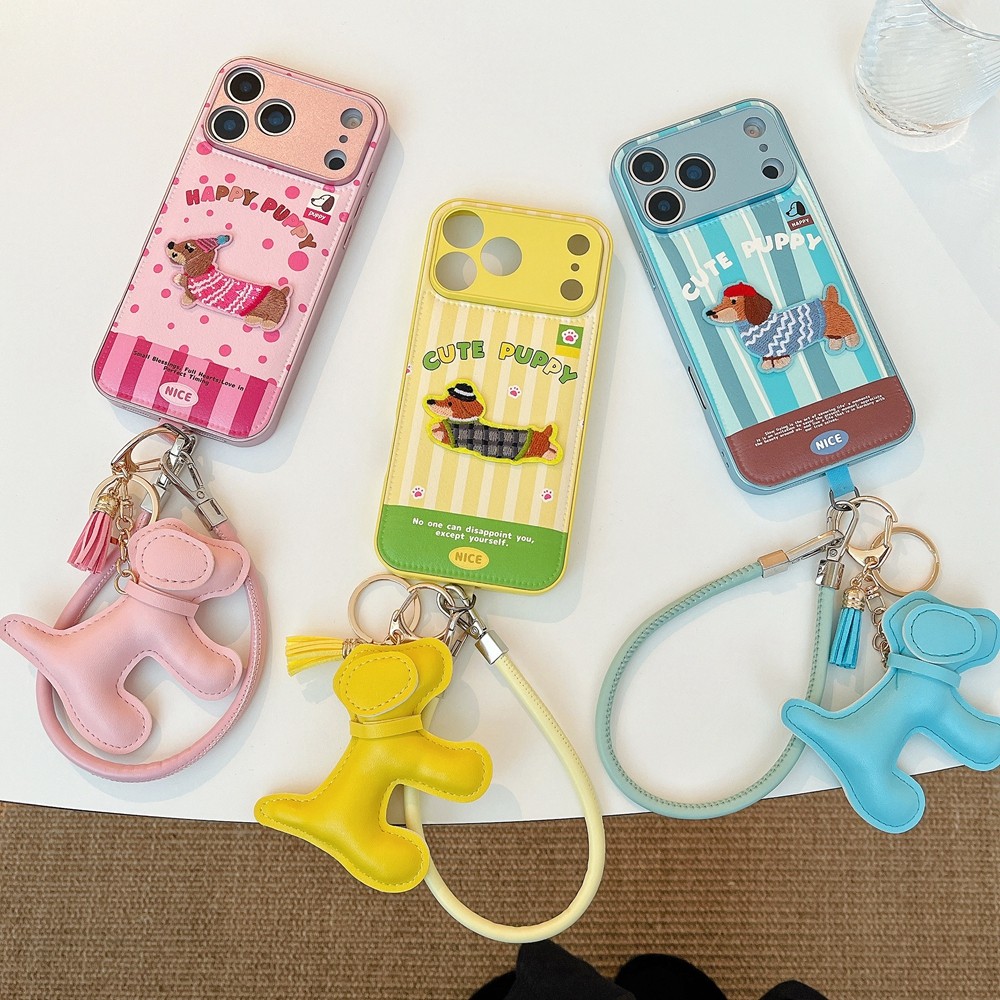 ลายปักไส้กรอกสุนัขเหมาะสําหรับ ไอโฟน 17โปรแม็กซ์ เคสโทรศัพท์หนัง แอปเปิล 16/15/14 เชือกเส้นเล็ก