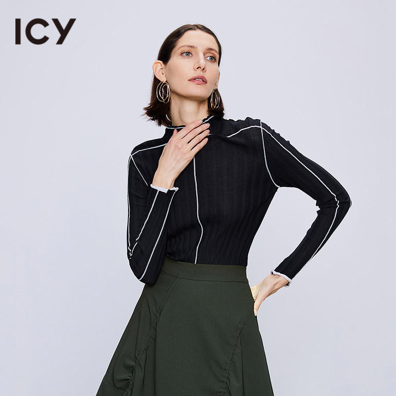 Icy สไตล์ใหม่ ถักกระดุมปิดรอบคอแขนยาว ทรงเพรียวบาง