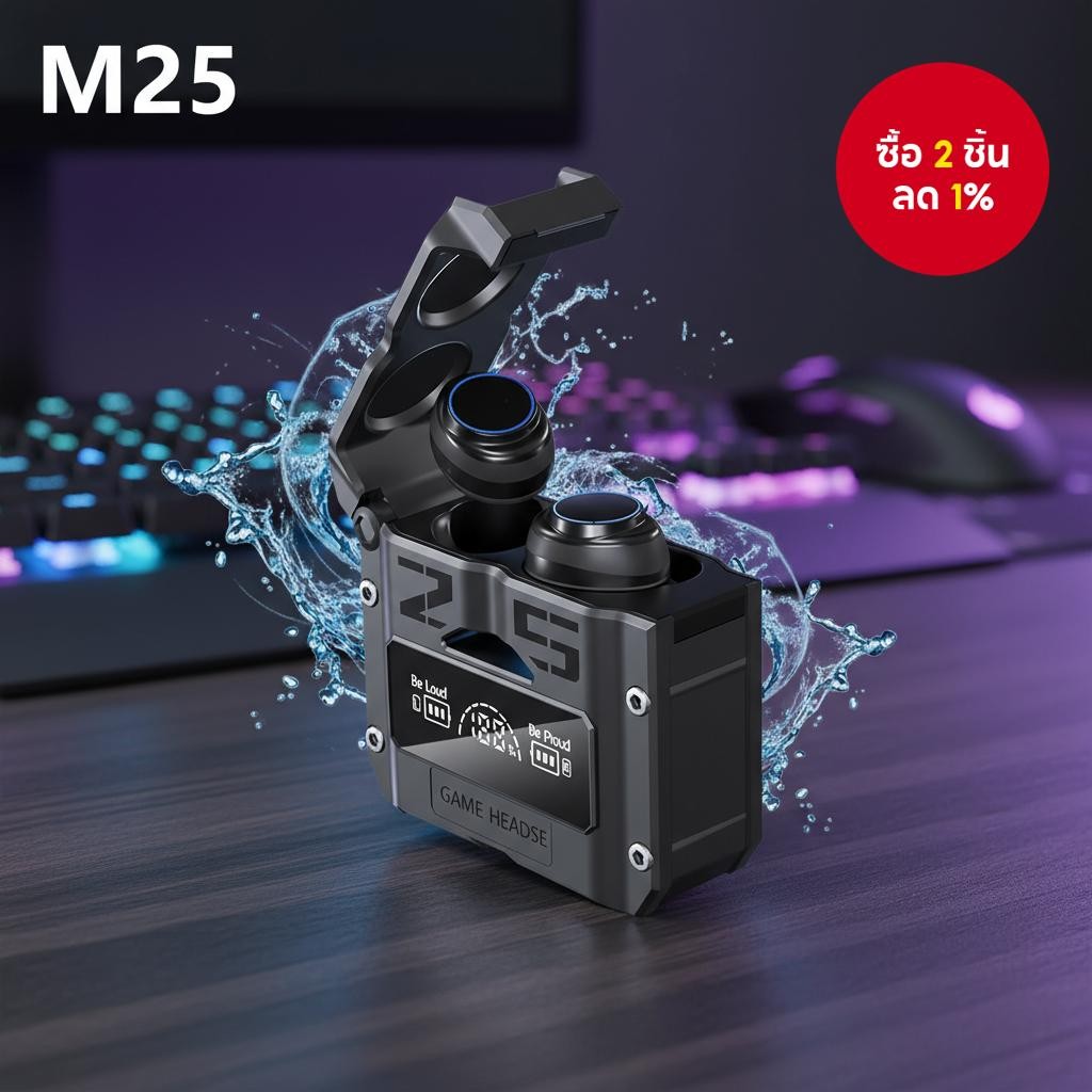 หูฟังบลูทูธ M25 TWS กันน้ํา แสดงสถานะด้วย LED หูฟังเสียงรอบทิศทาง พร้อมที่ชาร์จในตัว