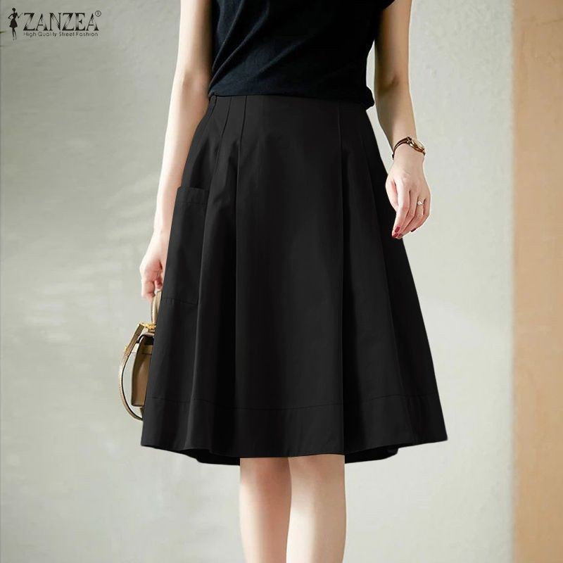 ZANZEA กระโปรงสไตล์เกาหลีสำนักงาน ดีไซน์พับปักที่เอว A-Line Hem — صورة 5