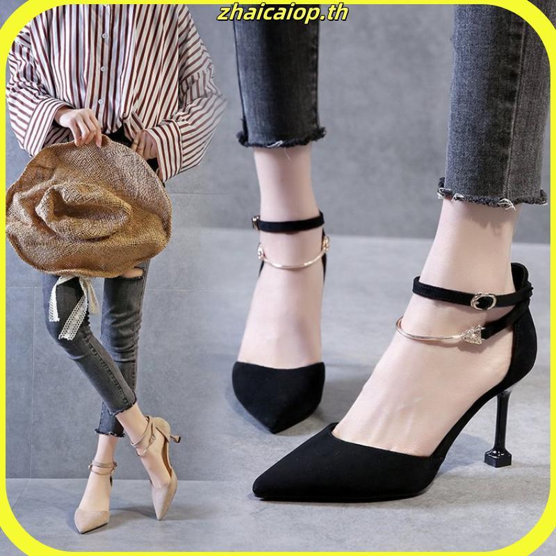 รองเท้า holster รองเท้าเพชร รองเท้าแตะสไตล์เกาหลีรองเท้าส้นสูงผู้หญิงส้นเข็มหัวเข็มขัดหัวแหลมหนังกลั