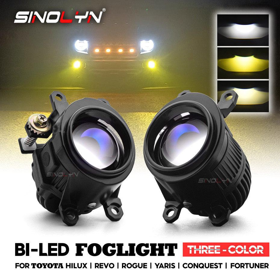 2 นิ้ว Blue Bi LED โปรเจคเตอร์เลนส์หมอกไฟ Tri สีสําหรับ Toyota Hilux Revo Rogue Conquest/Fortuner/Vios/Yaris/Altis/Corolla Cross/Sienta Retrofit กันชนสปอตไลท์ขับรถโคมไฟ