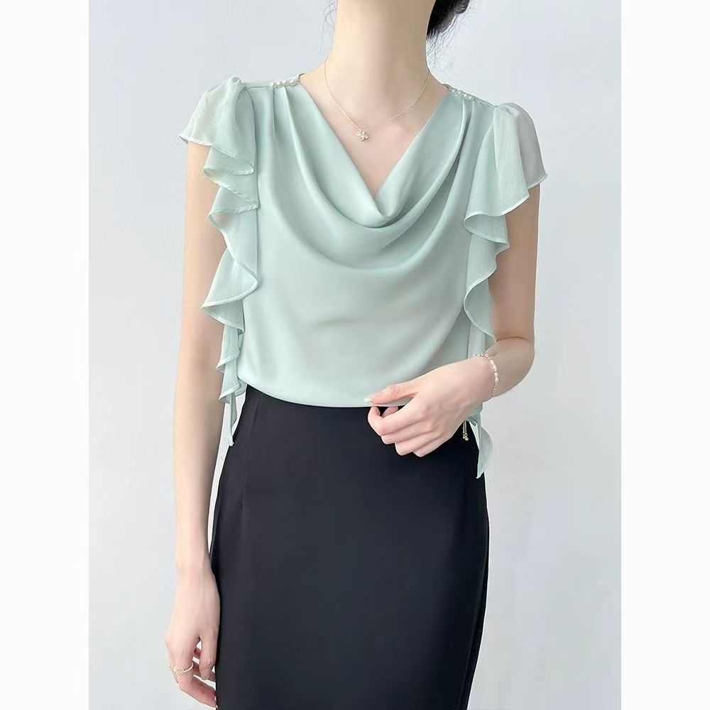 Pure Desire Windy Collar เสื้อเชิ้ตผู้หญิงฤดูร้อน 2025 ใหม่สไตล์ Ruffled ริบบิ้นเสื้อชีฟองแขนบินขนาด