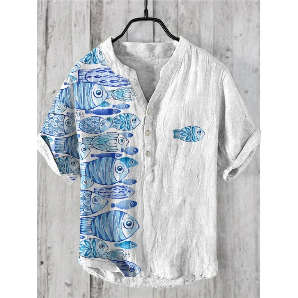 เสื้อเชิ้ตสไตล์ฮาวาย ผ้าลินิน ลายปลามีให้เลือกทั้งขนาดผู้ชายและผู้หญิง เหมาะสำหรับใส่ลำลอง - รูปที่ 5