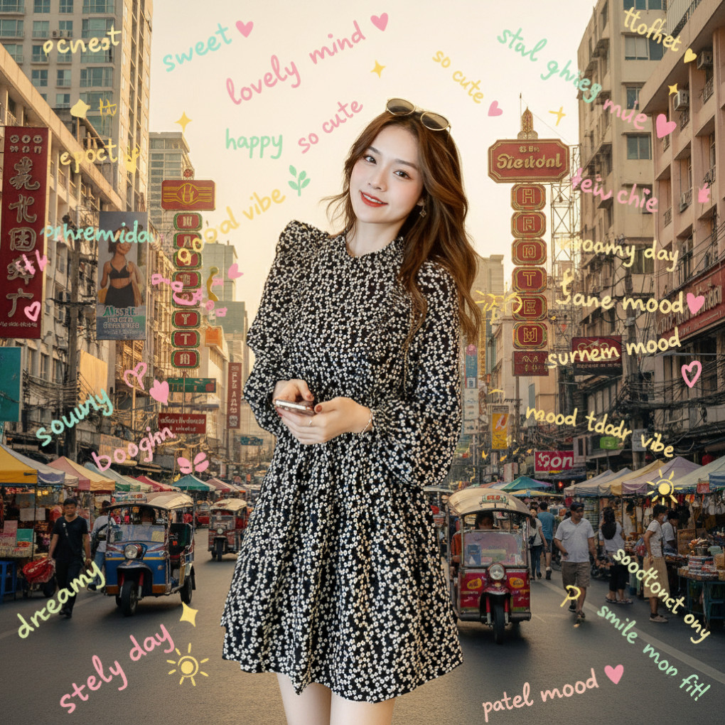 ꕥCatalog Fashionꕥ ชุดเดรสสั้นทรงบาน คอกลมแขนยาวจั๊ม อกแต่งระบายน่ารักๆ สีดำลายดอกไม้จุดเล็ก