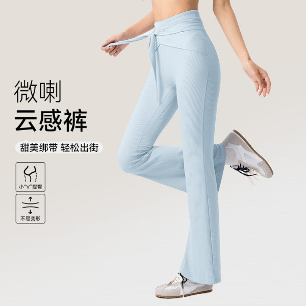 กางเกงขาม้า กางเกงวอร์ม Cloudy Yoga Flared Pants เอวสูง Laced-Up Peach Hip-Lifting กางเกงกีฬา Ribbed