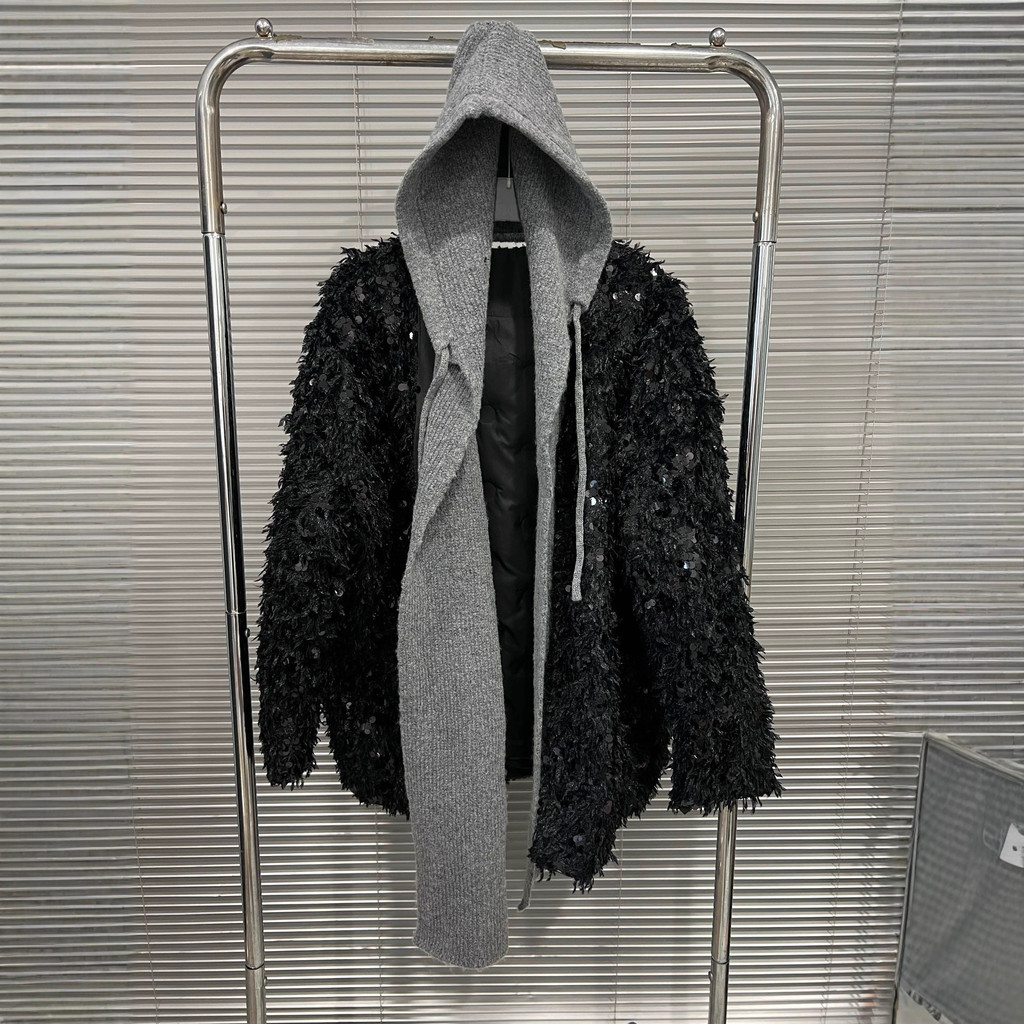PA0E 2025New Autumn Winter Sequin Tassel Detachable Hooded Two-Way Warm Elegant Coat