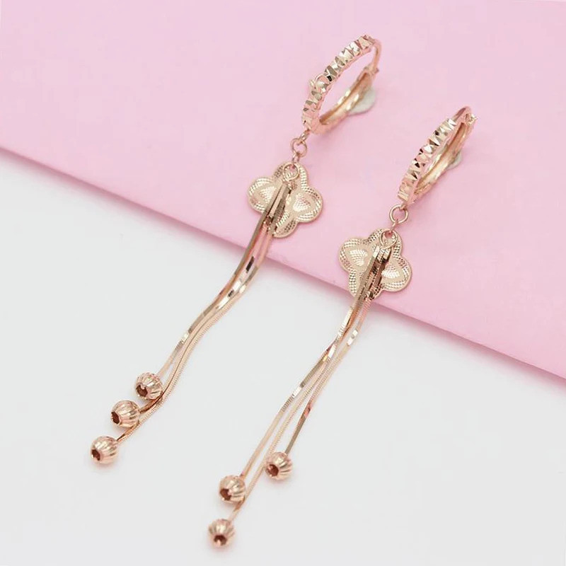 585 purple gold plated 14K rose gold soft chain tassel flower drop earrings for women fresh charm li