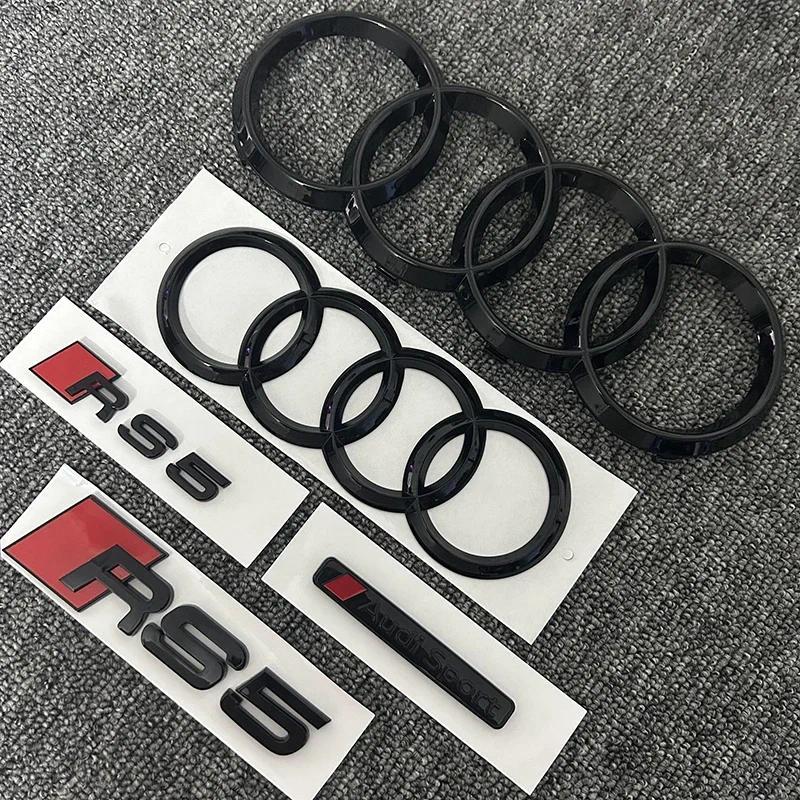 AUDI RS5 2016-2020 4 แหวนโลโก้ ABS สีดํารถ Hood ด้านหน้าย่างสัญลักษณ์ด้านหลังป้ายสติกเกอร์ RS5 สติกเ