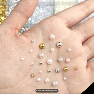 Nail Art สติ๊กเกอร์ติดเล็บอุปกรณ์ทําเล็บ DIY Pearl ความสว่างสูงผสม Mini ขนาด 24 ตารางครึ่งรอบ Beige สีชมพู ทองคําขาวเงิน KOUDAN