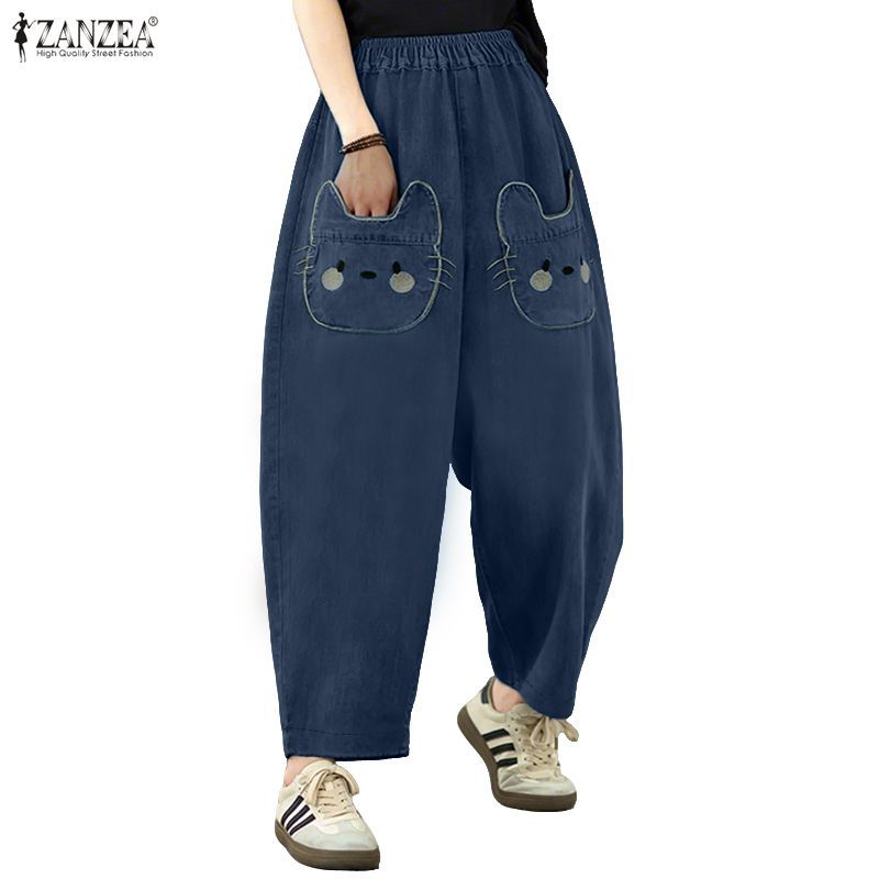 ZANZEA ใส่ ซานเซีย ผู้หญิงเกาหลีลายเอวยางยืดเย็บปักถักร้อยปลอมกระเป๋ากางเกงหลวม