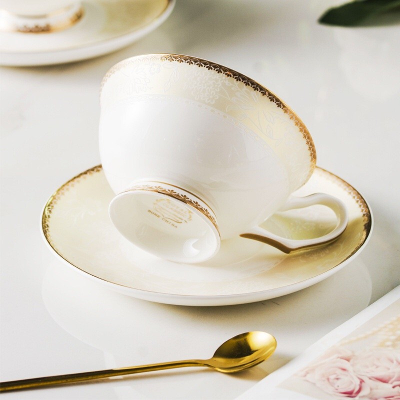 Light Luxury Style Simple Floral GoldEdged Bone China Coffee Cup and Saucer European Style Afternoon