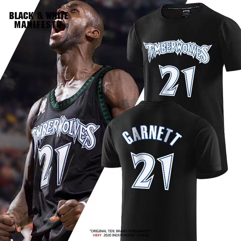 ชุดฝึกบาสเก็ตบอล NBA Minnesota Timberwolves หมายเลข 21 Kevin Garnett พร้อมเสื้อยืดแขนสั้นแห้งเร็ว สำหรับทุกเพศ